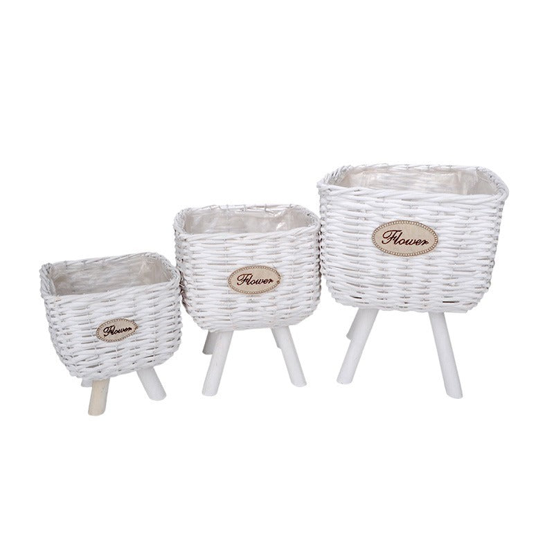 Castron Pătrat Din Lemn Cu Fantă Pe Suport Din Lemn Cu Inscripție Flower Alb 30X30X 22/37Cm S/3