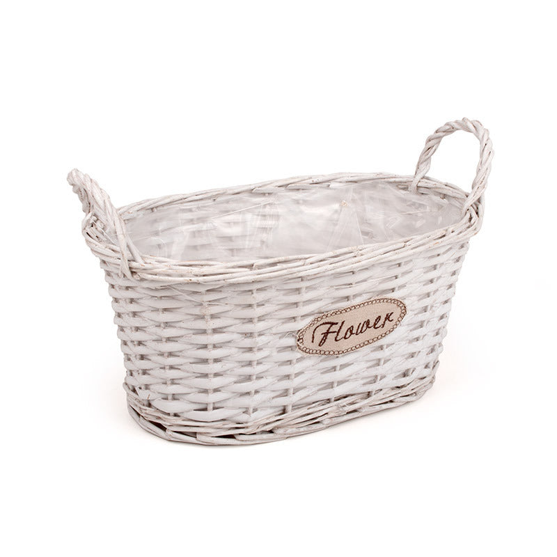 Castron Oval Din Lemn Cu Două Toarte Inscripție Cu Flori Alb 33X22X16/ 21,5Cm