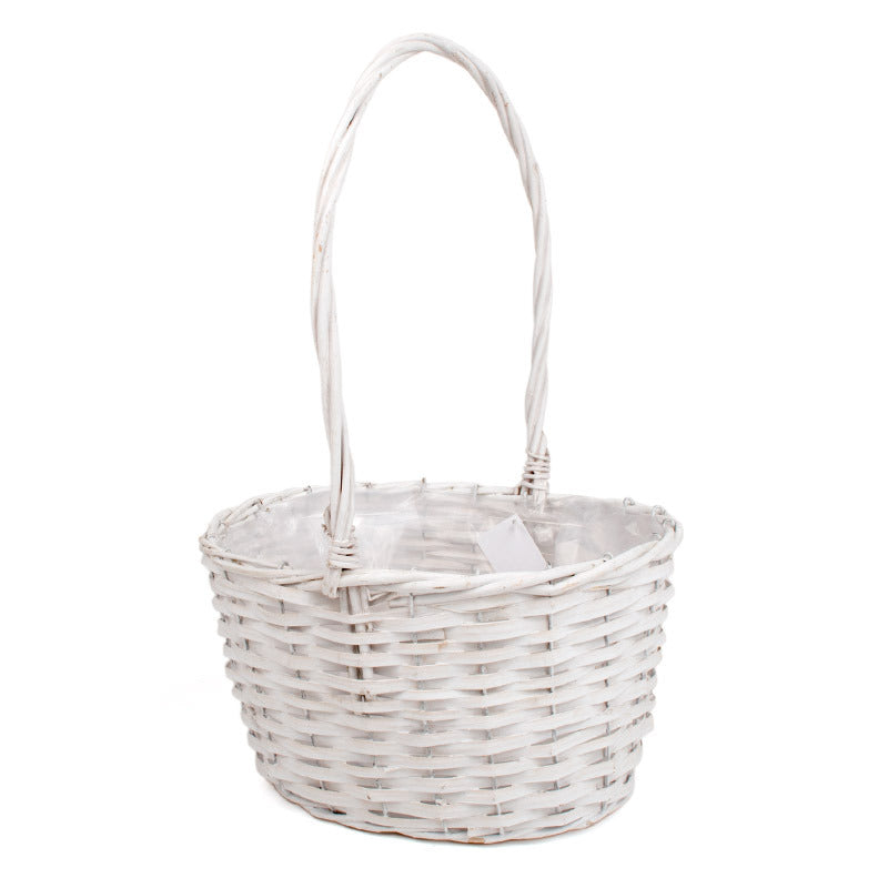 Coș Oval Din Lemn Cu Toarte Alb 28X24X15,5/44Cm