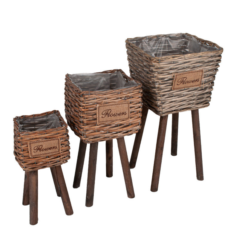 Castron De Răchită Cu Fantă Pătrată Pe Picior De Lemn Cu Inscripție Flowers Maro 26,5X24X20/48,5Cm S/3