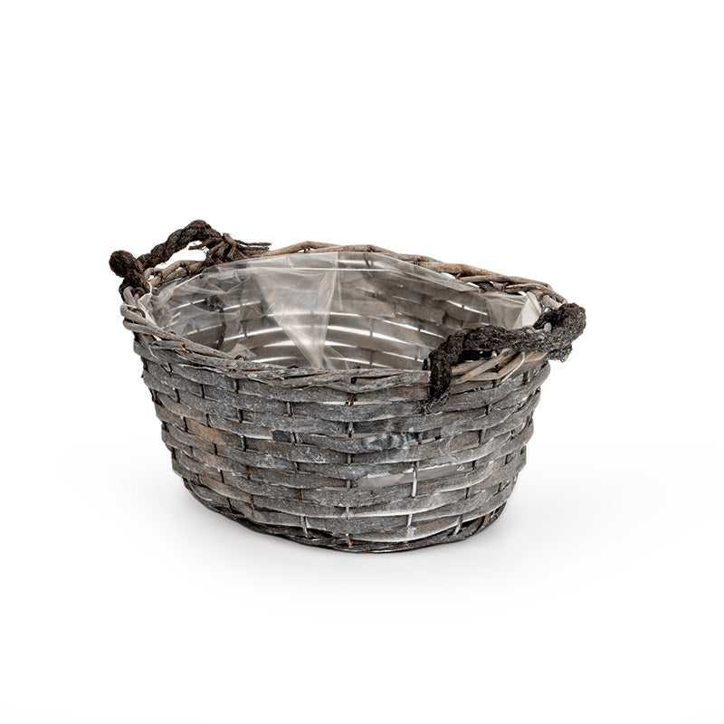 Ghiveci Oval Din Lemn Cu Două Toarte De Frânghie Gri 30X23X13,5Cm