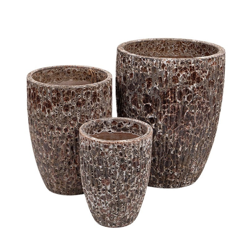 Brisbane Vase Ghiveci Ceramic Cu Gravat Rustic Maro 26X34-43X55Cm S/3