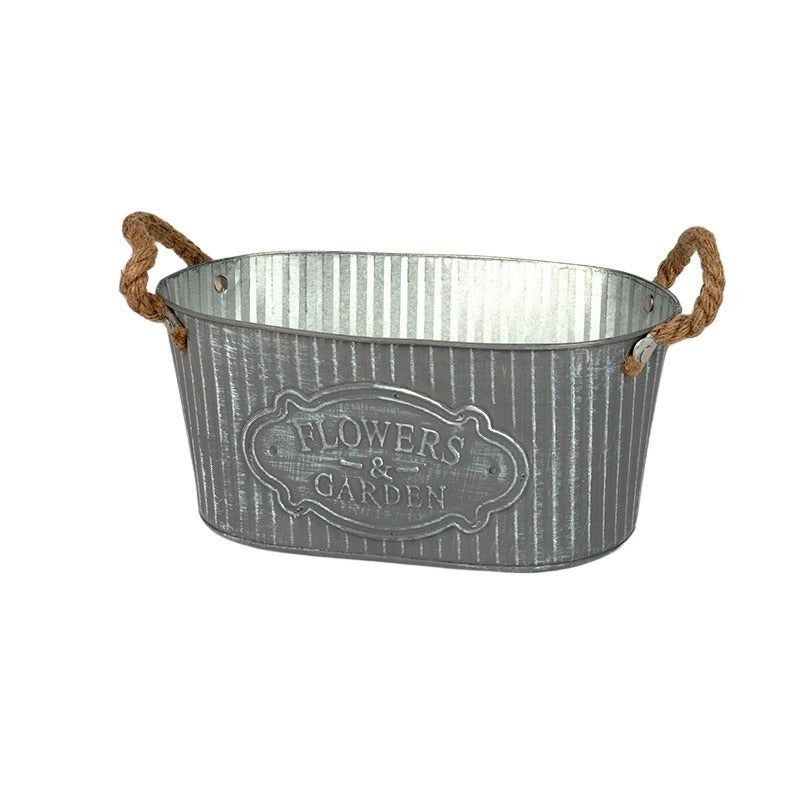 Castron Oval Andretta Din Staniu Cu Capac Din Frânghie Gri Antic 28X18X13Cm