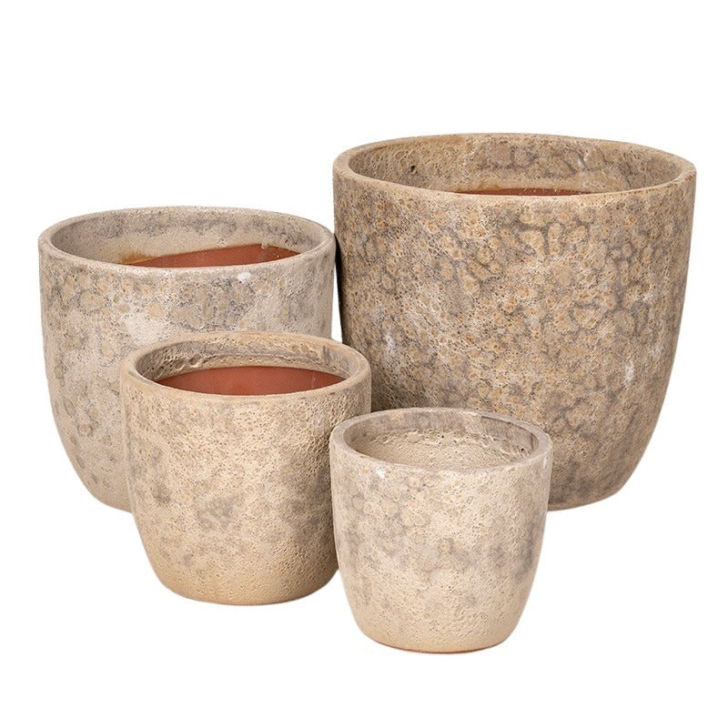 Nebula Classic Set Suport Pentru Plante Din Ceramică, Gravat Rustic, Culoare Nisip 20X18-38X35Cm S4