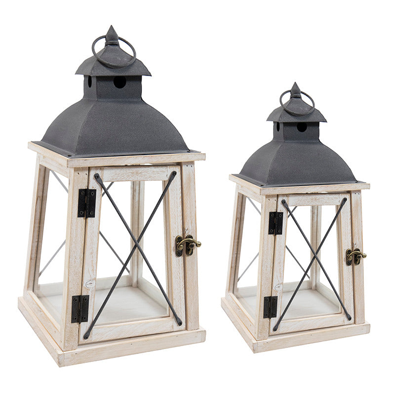 Set Lampă Din Lemn Cu Acoperiș Metalic Alb 29X29X61Cm S/2