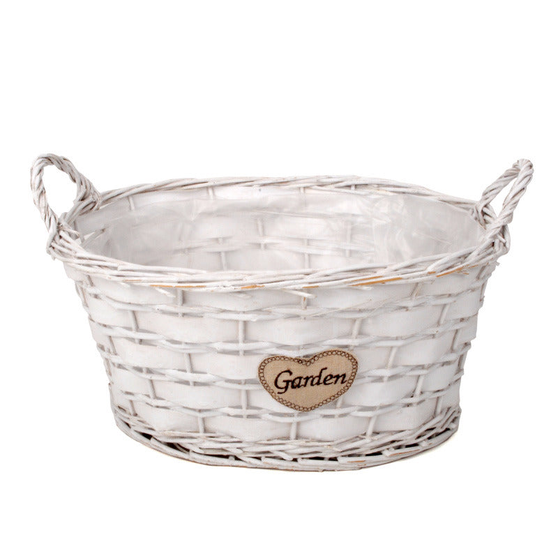 Bol Oval Din Răchită Cu Două Toarte De Grădină Fleirat Alb 41X33X20/25,5Cm