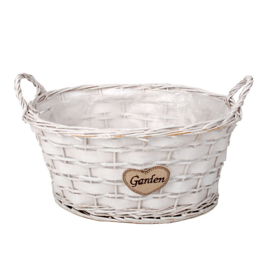 Bol Oval Din Răchită Cu Două Toarte De Grădină Fleirat Alb 41X33X20/25,5Cm