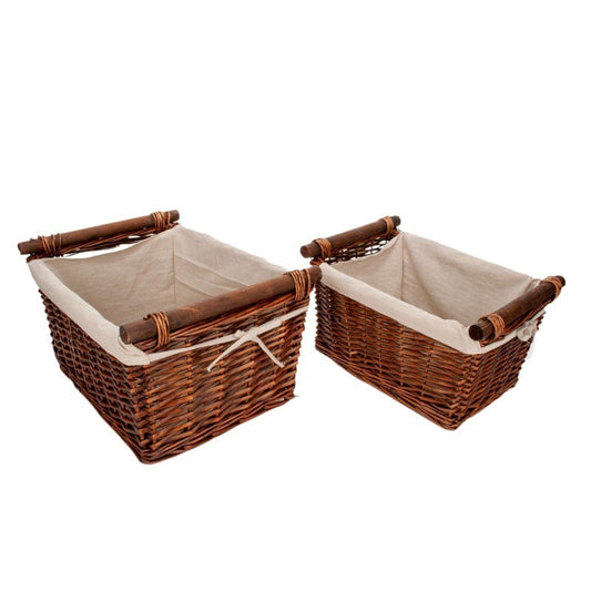 Set Castron Din Răchită Cu Fantă Pătrată, Cu Gura De Scurgere Din Lemn Și Căptușeală Textilă Maro 45X35X23/26Cm S/2