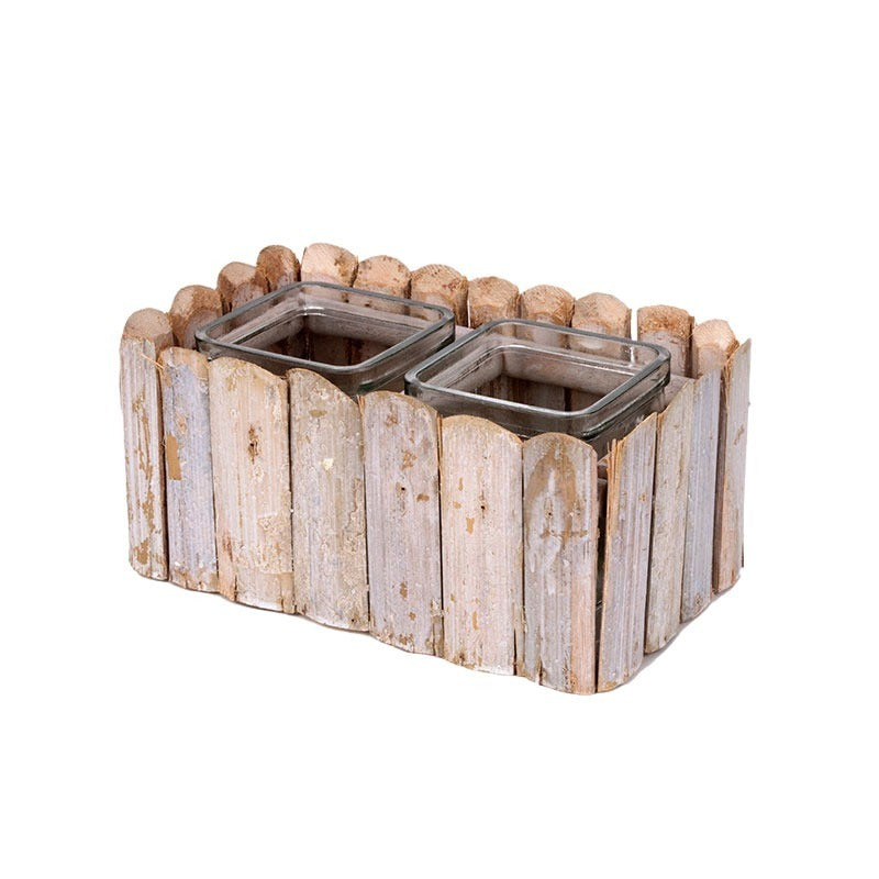 Castron Pătrat Din Lemn Cu Două Cuburi De Sticlă Gri 20X12X9Cm