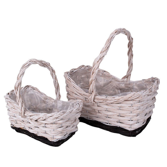 Coș Din Lemn Pătrat Cu Vârf Curbat Cu Toarte Cu Fantă Set Gri-Alb 27X20X11/14/26Cm S/2