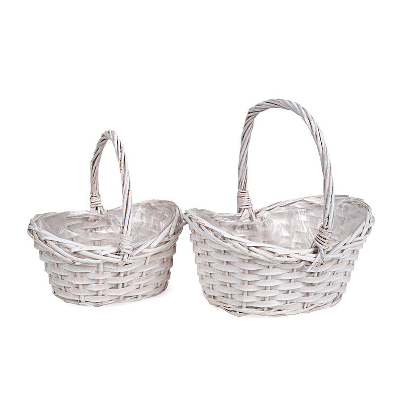 Coș Oval Curbat Din Lemn Cu Toarte, Cu Set Alb 25,5X21X10/27Cm S/2