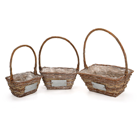 Coș De Răchită Pătrat Set Cu Flori Inscripție Antic Maro 31X23X16/42Cm S/3