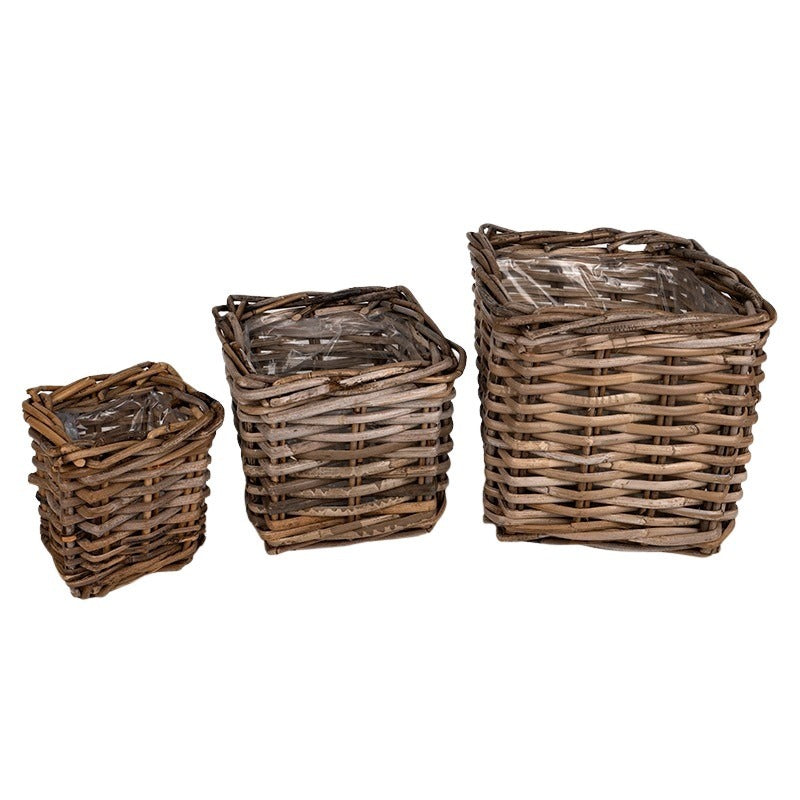 Set De Ghivece Din Rattan Cu Fante Pătrate Maro 27X27X25Cm S/3