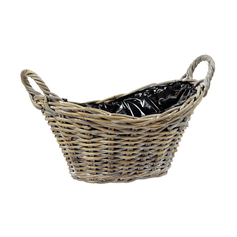 Ghiveci Oval Din Rattan Cu Partea De Sus Curbată Cu Două Clape Maro 33X26X13/16/24Cm