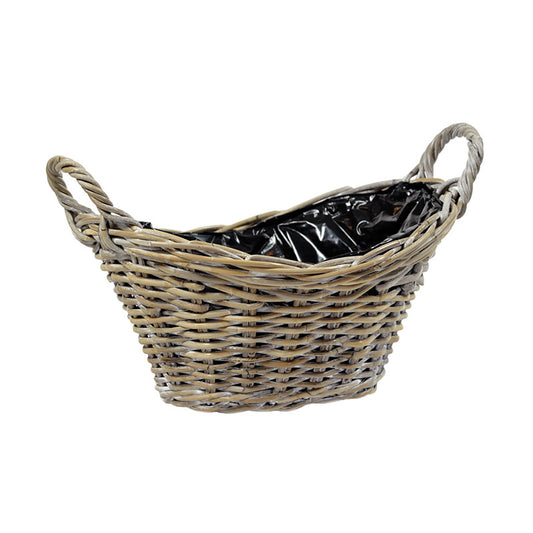 Ghiveci Oval Din Rattan Cu Partea De Sus Curbată Cu Două Clape Maro 33X26X13/16/24Cm