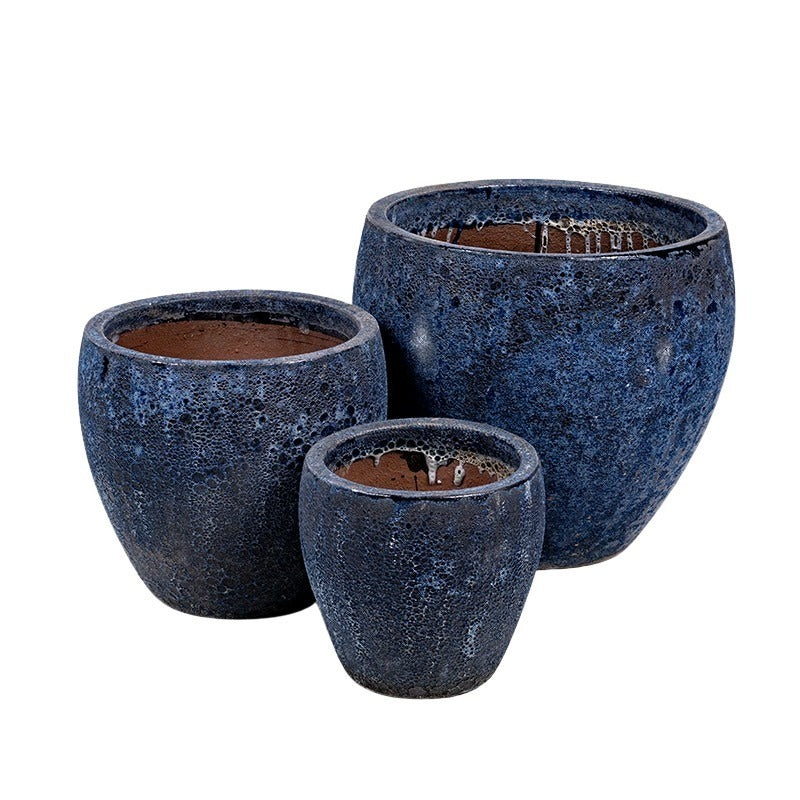 Brisbane Monica Set De Ghivece Ceramice Gravate Rustic Albastru 27X26-50X42Cm S/3