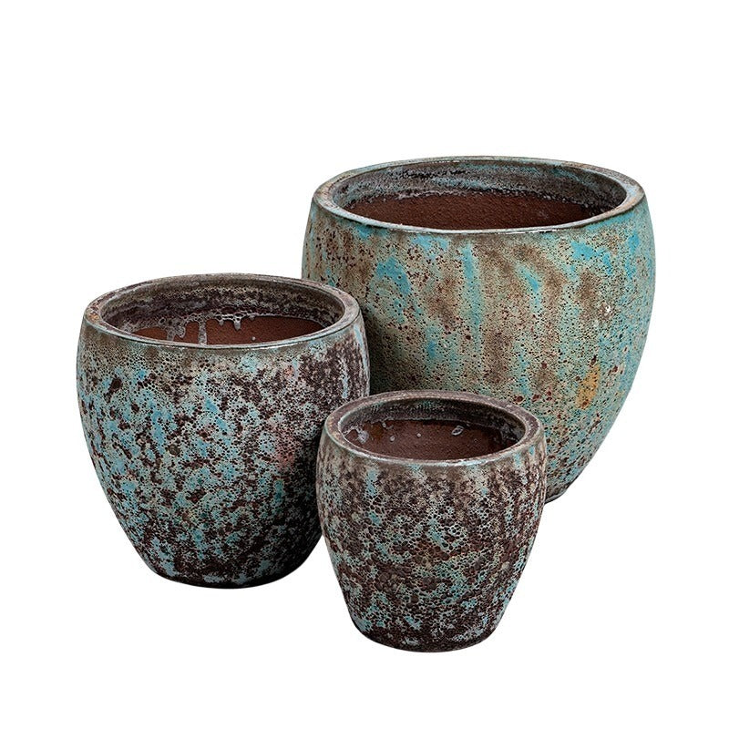 Brisbane Monica Set De Ghivece Ceramice Gravate Rustic, Maro Verzui 27X26-50X42Cm S/3