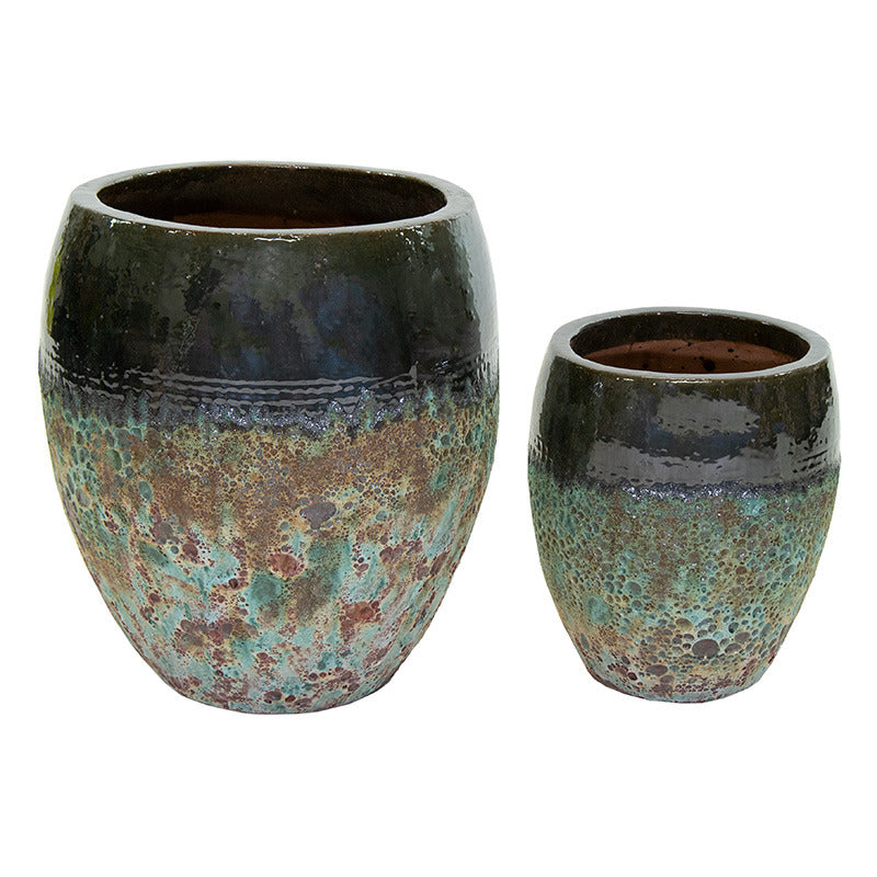 Adelaide Monica Set De Ghivece Ceramice Gravate Rustic Maro Verzui 34X38-48X53Cm S2