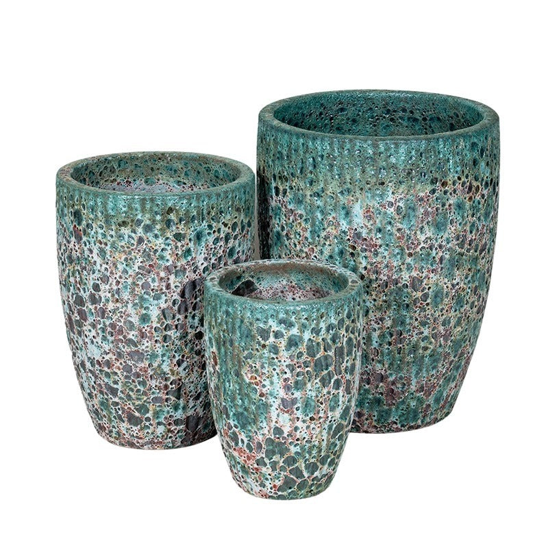 Brisbane Vase Set De Ghivece Ceramice Gravate Rustic Maro Verzui 26X34-43X55Cm S3