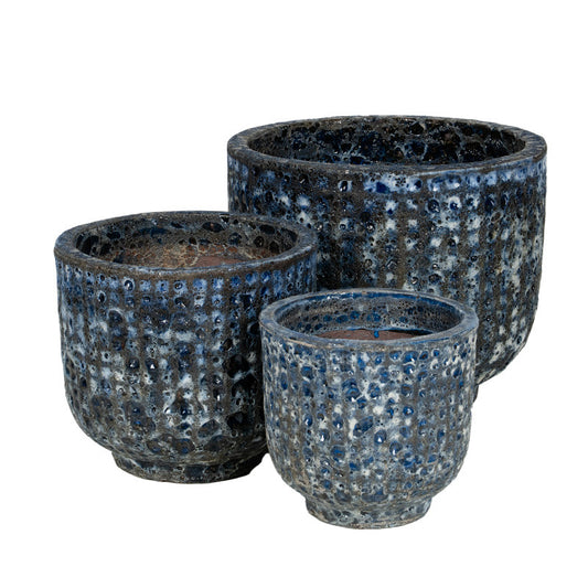 Monroe Set De Ghivece Ceramice Clasice Gravate Rustic Albastru 24,5X23,5-41,5X35Cm S3