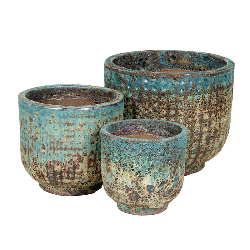 Monroe Set De Ghivece Ceramice Clasice Gravate Rustic Maro Verzui 24,5X23,5-41,5X35Cm S3