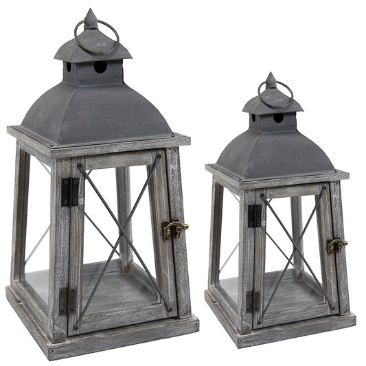 Set Lampă Din Lemn Cu Acoperiș Metalic Gri 29X29X61Cm S/2