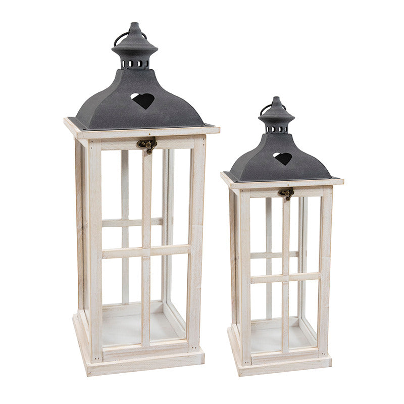 Set Lampă Din Lemn Cu Acoperiș Metalic Alb 25,5X25,5X66Cm S/2
